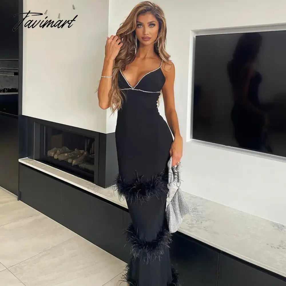 Luxury Prom Dresses Diamond Feather Spaghetti Strap Stitching Long Dresses Elegant Evening Bodycon Party Cocktail Celebrity Clo