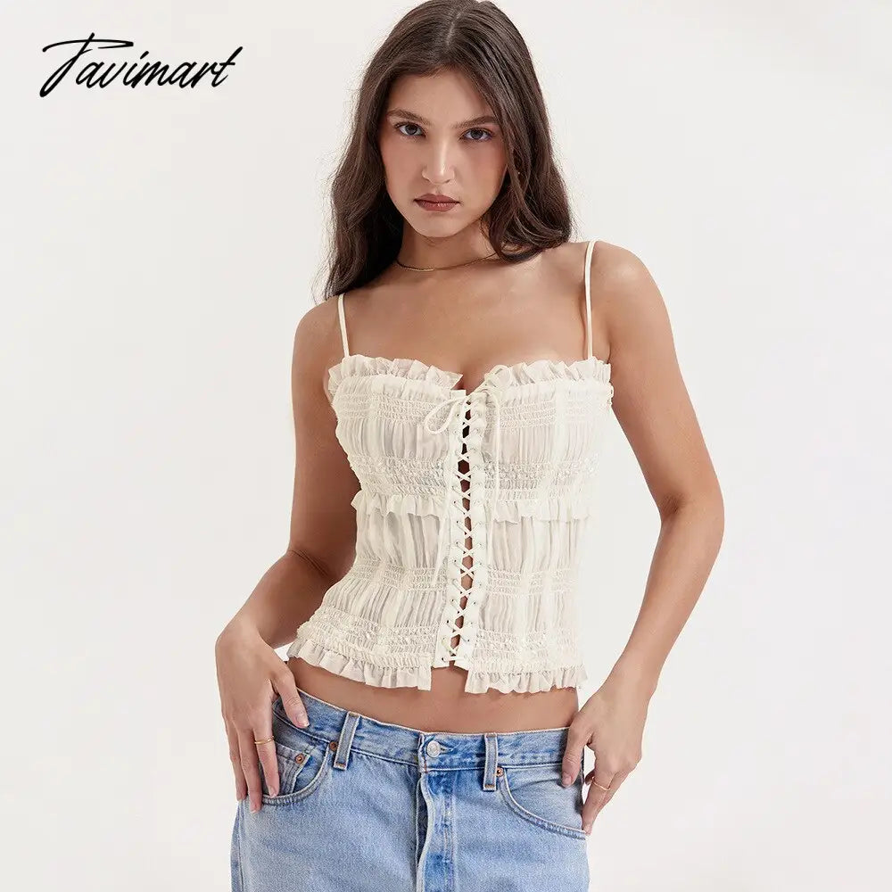 Luxury Summer Beige Crop Top Women Spaghetti Strap Lace Up Top Sexy Sheer Tops New Arrivals