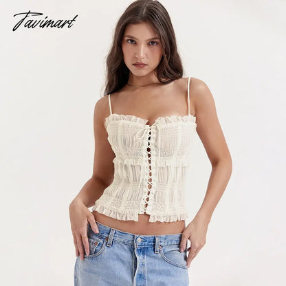Luxury Summer Beige Crop Top Women Spaghetti Strap Lace Up Top Sexy Sheer Tops New Arrivals