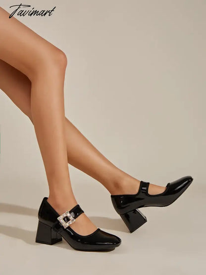 Marry Jane Pumps For Women Buckle Strap Low Heel Classic Office Lady Pumps Shoes Spring Rhinetone Bling Chunky Heeled
