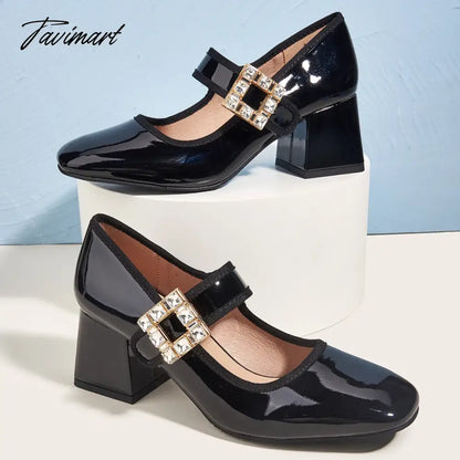 Marry Jane Pumps For Women Buckle Strap Low Heel Classic Office Lady Pumps Shoes Spring Rhinetone Bling Chunky Heeled
