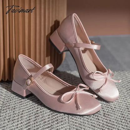 Mary Jane Pumps Women silk Pink Bow Knot Design Lolita Square Toe Fashion Sweet Pumps 4CM Heel height Lovely Ballet Shoes