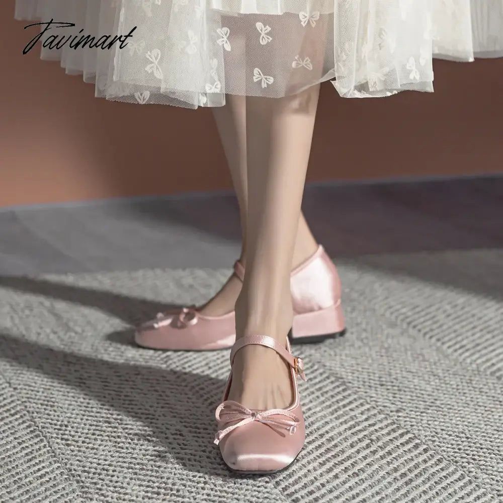 Mary Jane Pumps Women silk Pink Bow Knot Design Lolita Square Toe Fashion Sweet Pumps 4CM Heel height Lovely Ballet Shoes