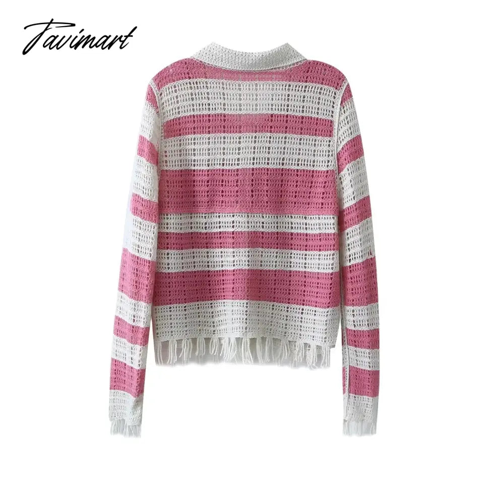 Maxdutti Ins Fashion Blogger Retro Polo Collar Striped Tassles Tops Long Sleeve Tshirts Women