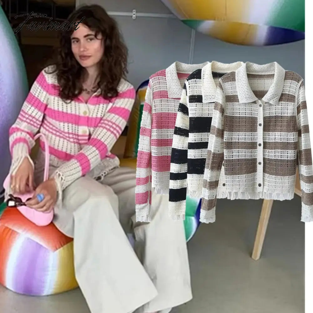 Maxdutti Ins Fashion Blogger Retro Polo Collar Striped Tassles Tops Long Sleeve Tshirts Women