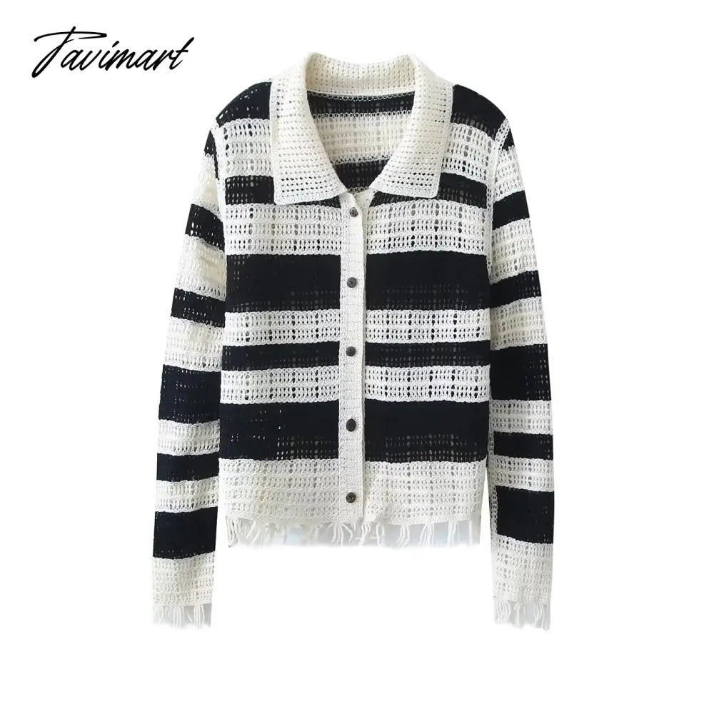 Maxdutti Ins Fashion Blogger Retro Polo Collar Striped Tassles Tops Long Sleeve Tshirts Women