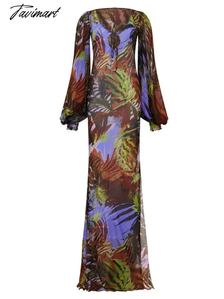 Mesh U -neck Maxi Dresses for Women Long Sleeve Split Summer Dress Print Straps Aesthetic Clothing Vestidos Elegantes Para Mujer