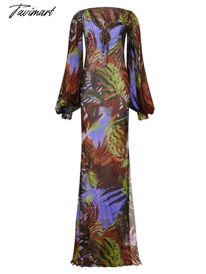 Mesh U -neck Maxi Dresses for Women Long Sleeve Split Summer Dress Print Straps Aesthetic Clothing Vestidos Elegantes Para Mujer