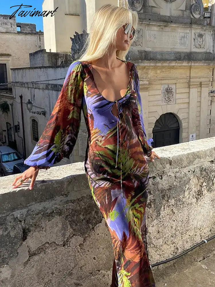Mesh U -neck Maxi Dresses for Women Long Sleeve Split Summer Dress Print Straps Aesthetic Clothing Vestidos Elegantes Para Mujer