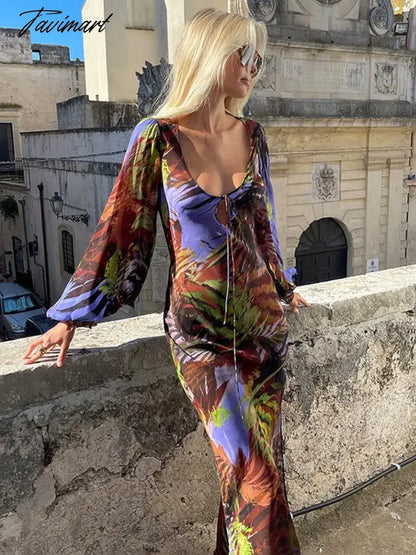 Mesh U -neck Maxi Dresses for Women Long Sleeve Split Summer Dress Print Straps Aesthetic Clothing Vestidos Elegantes Para Mujer