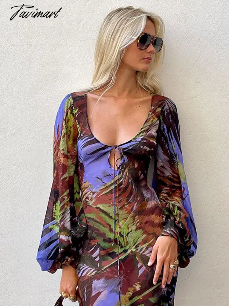 Mesh U -neck Maxi Dresses for Women Long Sleeve Split Summer Dress Print Straps Aesthetic Clothing Vestidos Elegantes Para Mujer