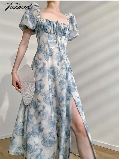 Midi Dress Elegant Square Collar Lace-up Women Floral Summer Puff Sleeve Slim Waist Female Split A-line Dresses Female Clothes
