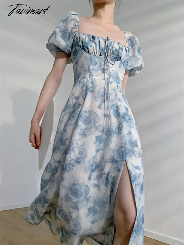 Midi Dress Elegant Square Collar Lace-up Women Floral Summer Puff Sleeve Slim Waist Female Split A-line Dresses Female Clothes