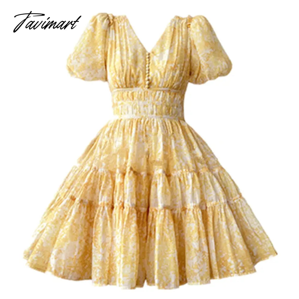 New Arrival French Summer Print Dress Women Sexy V-Neck Slim Waist Puff Short Sleeve Mini Dress Vestidos Female Clothing