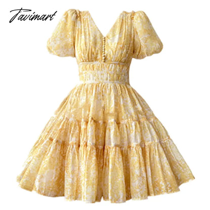 New Arrival French Summer Print Dress Women Sexy V-Neck Slim Waist Puff Short Sleeve Mini Dress Vestidos Female Clothing
