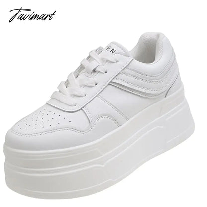 New Autumn Women High Platform Shoes 8CM Comfortable Chunky Sneakers Breathable Leather Wedges Casual Sport Dad Shoes Woman