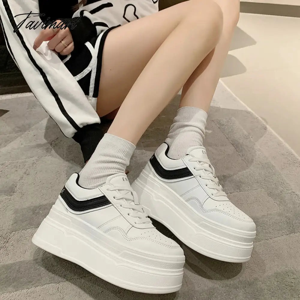 New Autumn Women High Platform Shoes 8CM Comfortable Chunky Sneakers Breathable Leather Wedges Casual Sport Dad Shoes Woman