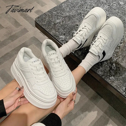 New Autumn Women High Platform Shoes 8CM Comfortable Chunky Sneakers Breathable Leather Wedges Casual Sport Dad Shoes Woman