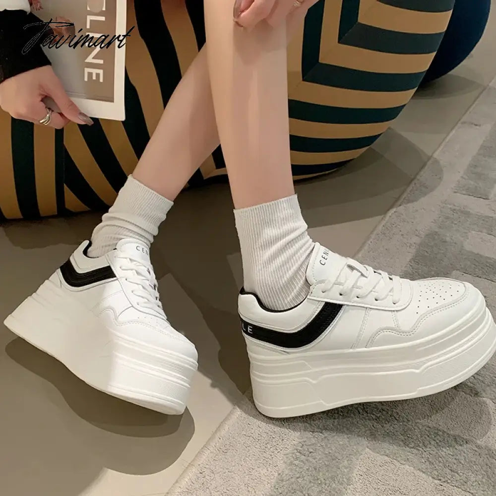New Autumn Women High Platform Shoes 8CM Comfortable Chunky Sneakers Breathable Leather Wedges Casual Sport Dad Shoes Woman