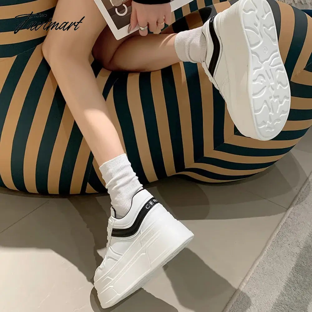 New Autumn Women High Platform Shoes 8CM Comfortable Chunky Sneakers Breathable Leather Wedges Casual Sport Dad Shoes Woman
