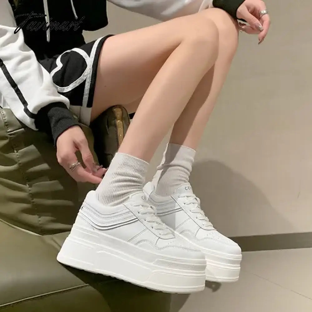 New Autumn Women High Platform Shoes 8CM Comfortable Chunky Sneakers Breathable Leather Wedges Casual Sport Dad Shoes Woman