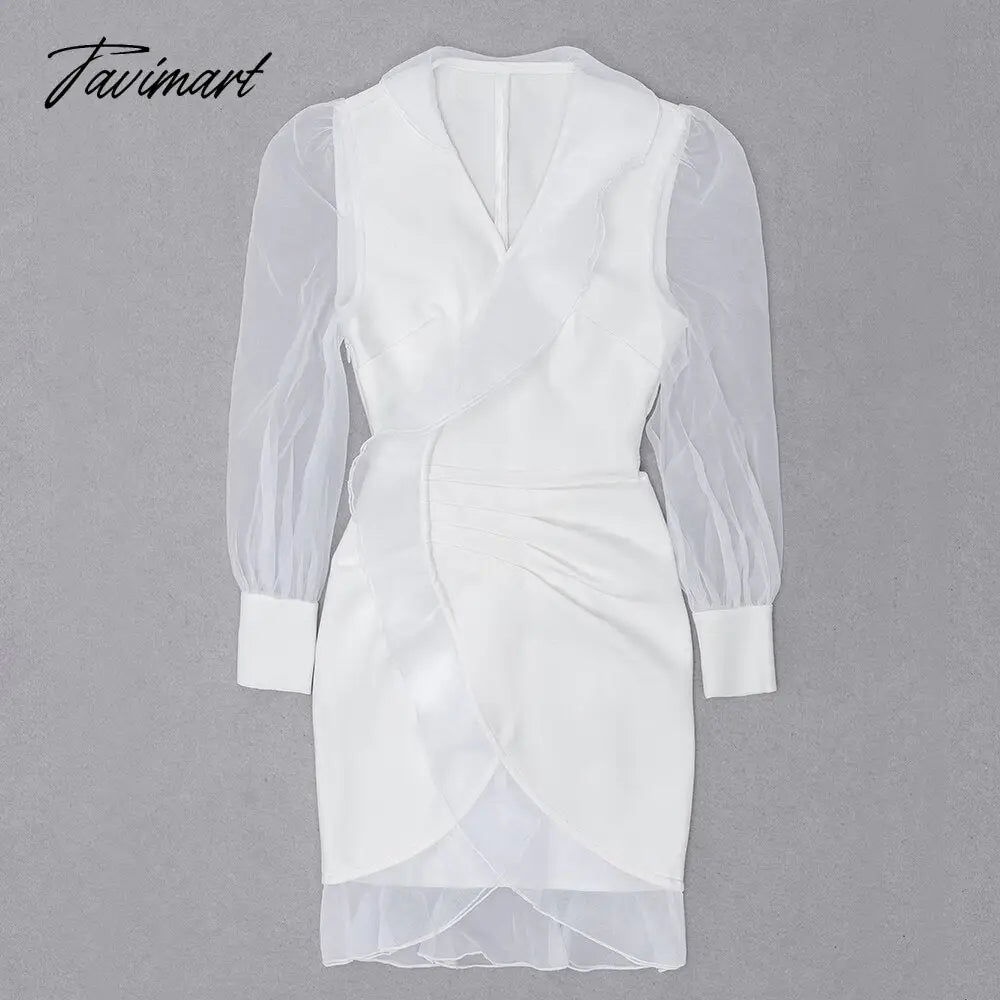 New Autumn Women Mesh Long Sleeve Sexy V-Neck Bodycon Mini Dress Rayon Bandage Celebrate Evening Party Birthday Outfit
