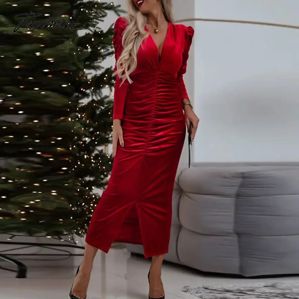 New Christmas Party Golden Velvet Dress Elegant Lady V-neck Draped Slim Split Dress Autumn Casual Long Sleeve Slim A-line Dress