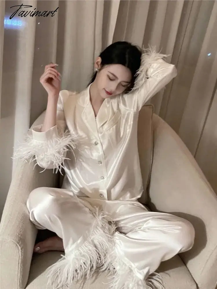 New cute silk like acetate fibre light luxury Ostrich feather pajamas two-piece suit Satin pajamas for women sleepwear home wear