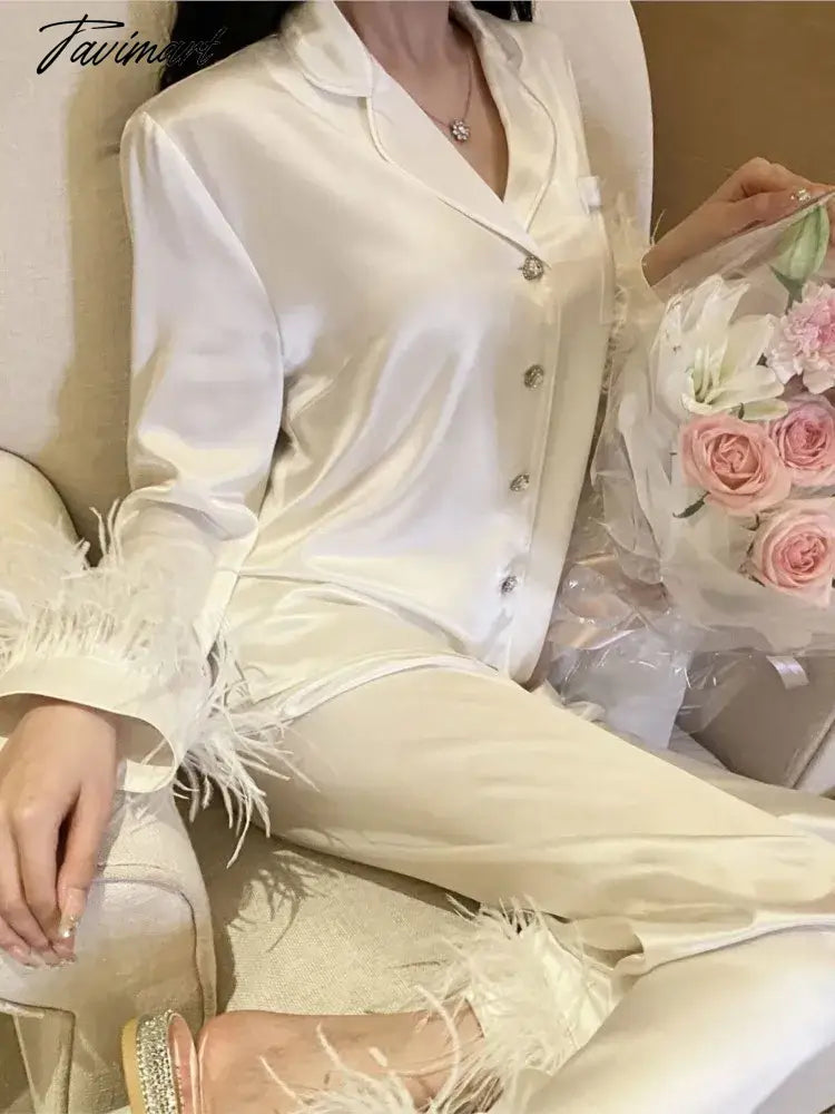 New cute silk like acetate fibre light luxury Ostrich feather pajamas two-piece suit Satin pajamas for women sleepwear home wear
