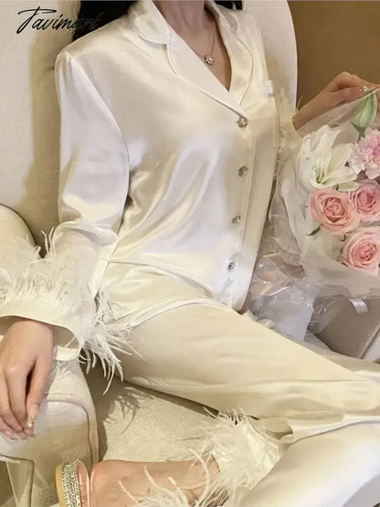 New cute silk like acetate fibre light luxury Ostrich feather pajamas two-piece suit Satin pajamas for women sleepwear home wear