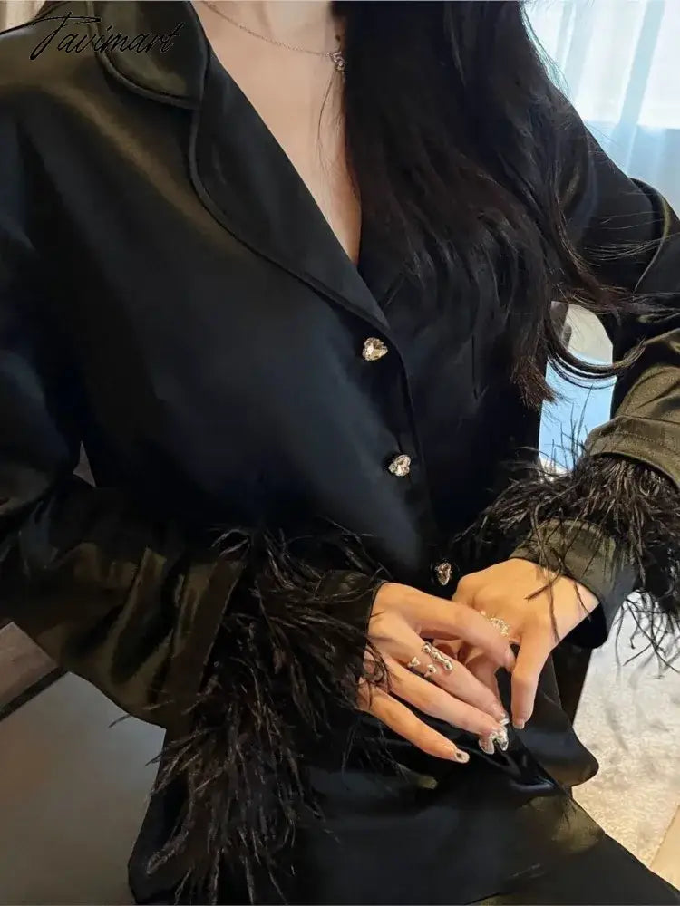 New cute silk like acetate fibre light luxury Ostrich feather pajamas two-piece suit Satin pajamas for women sleepwear home wear