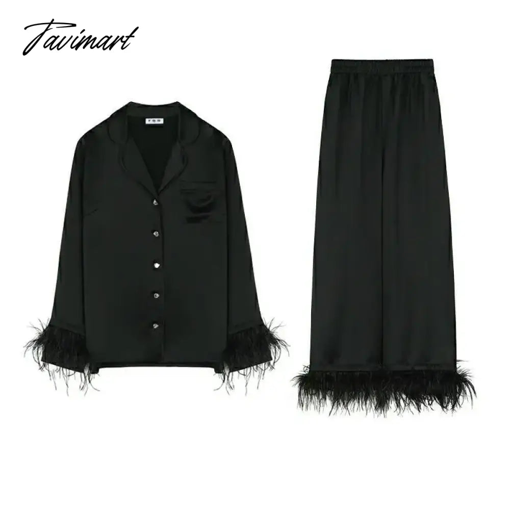 New cute silk like acetate fibre light luxury Ostrich feather pajamas two-piece suit Satin pajamas for women sleepwear home wear