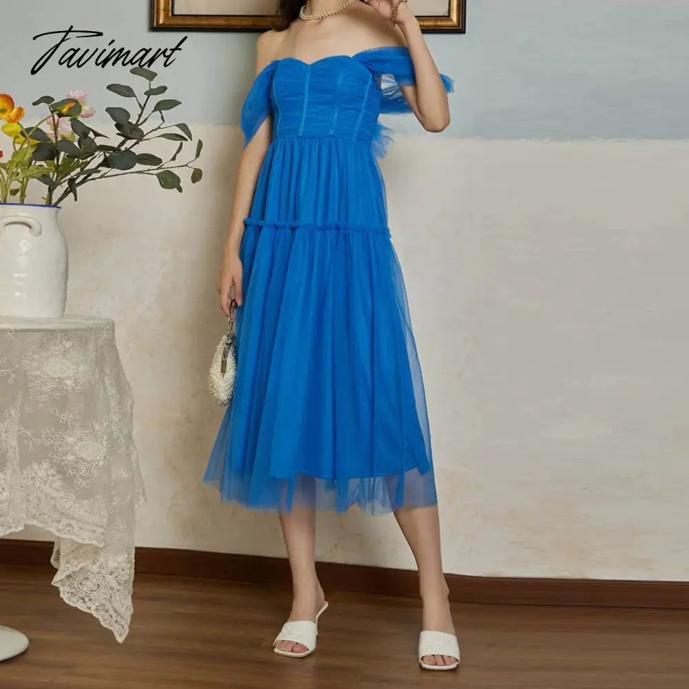 New Design Off Shoulder Sexy Evening Dresses for Women Blue Tulle Luxury Princess Wedding Party Ball Prom Gown Tube Top