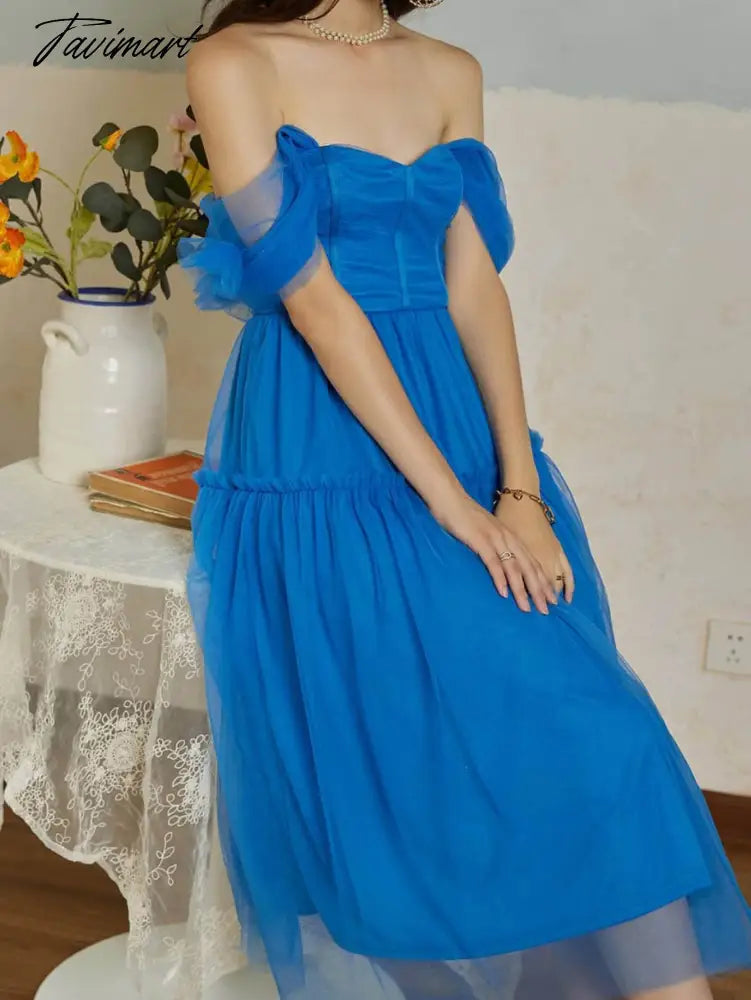 New Design Off Shoulder Sexy Evening Dresses for Women Blue Tulle Luxury Princess Wedding Party Ball Prom Gown Tube Top