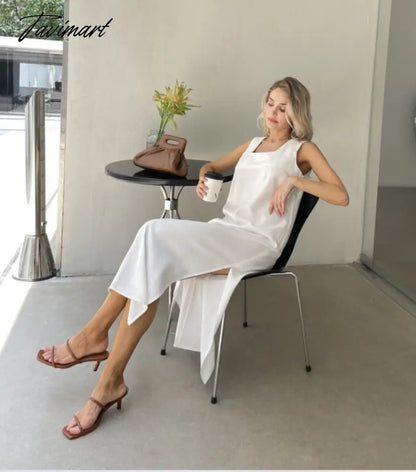 New Design Summer Women Solid Sleeveless Fashion Dress Split Tank Dress beach