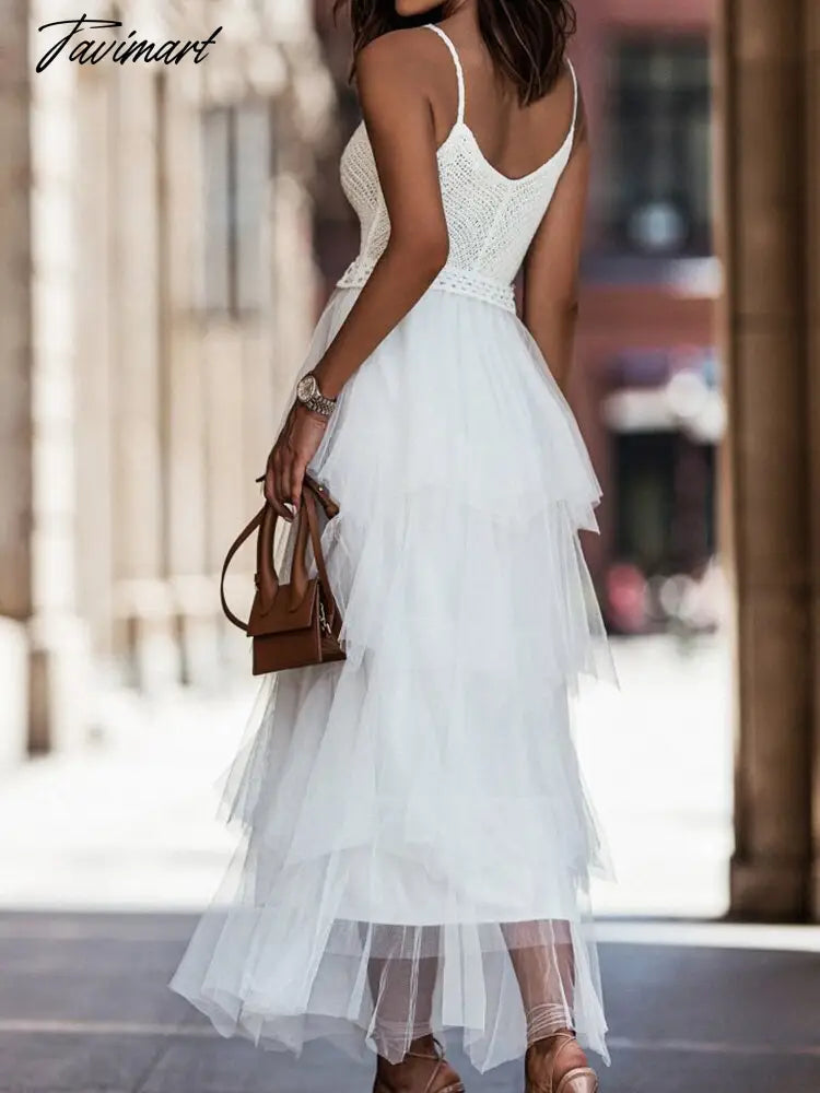 New Elegant Mesh Multilayer Long Dress Summer Women Sexy Sling Backless V-Neck Dress Temperament Sleeveless Solid Ladies Dresses