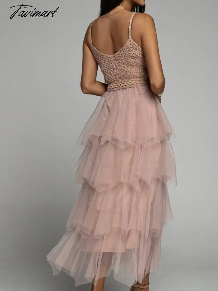 New Elegant Mesh Multilayer Long Dress Summer Women Sexy Sling Backless V-Neck Dress Temperament Sleeveless Solid Ladies Dresses
