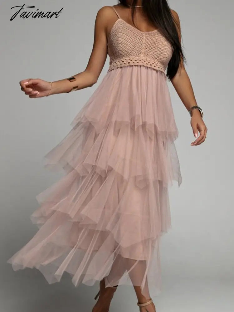 New Elegant Mesh Multilayer Long Dress Summer Women Sexy Sling Backless V-Neck Dress Temperament Sleeveless Solid Ladies Dresses
