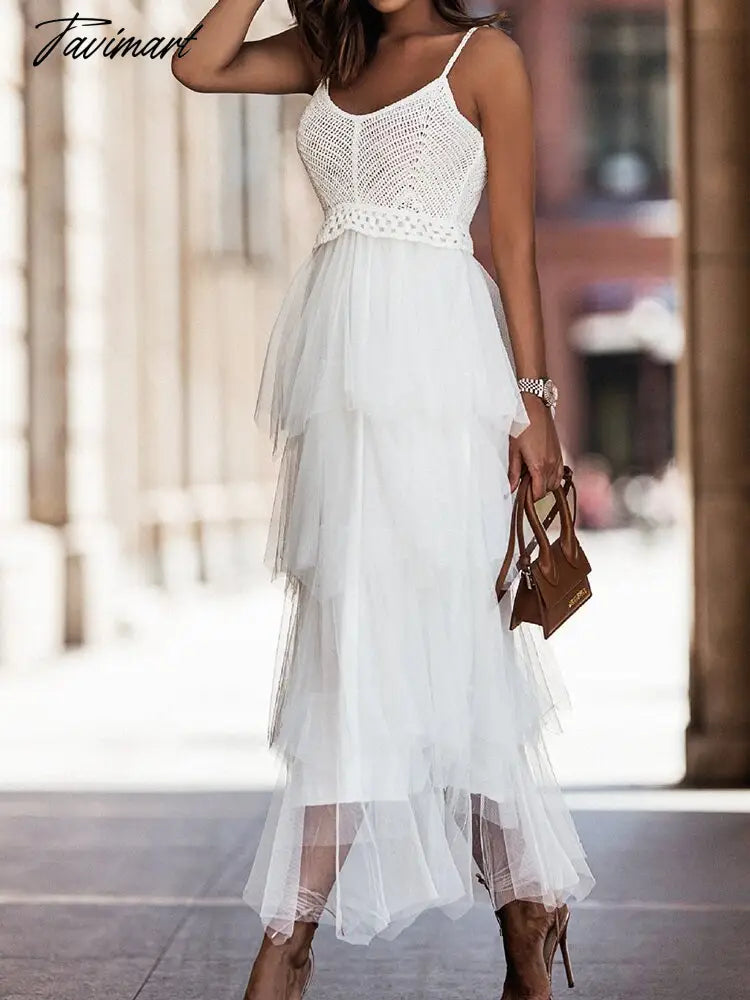 New Elegant Mesh Multilayer Long Dress Summer Women Sexy Sling Backless V-Neck Dress Temperament Sleeveless Solid Ladies Dresses