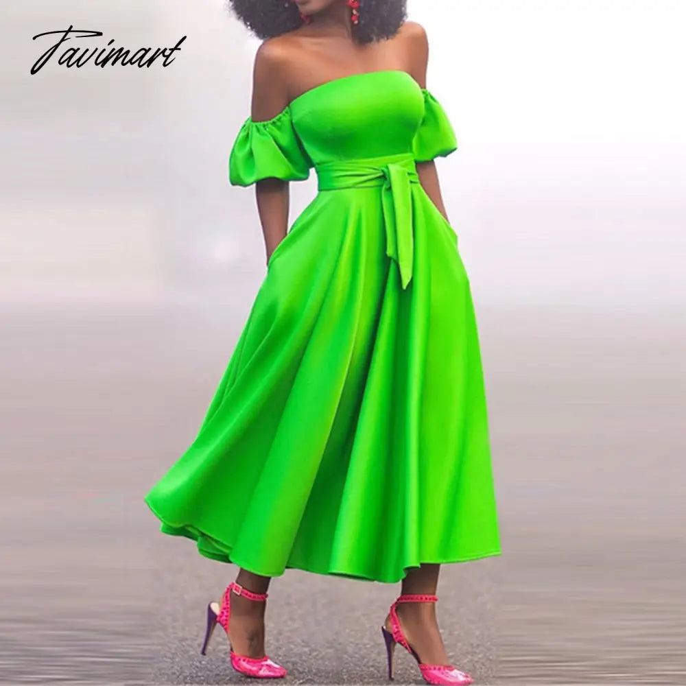 New European And American Women's Summer One Shoulder Solid Color Elegant Bubble Sleeve Strapless Belt Big Pendulum Dress