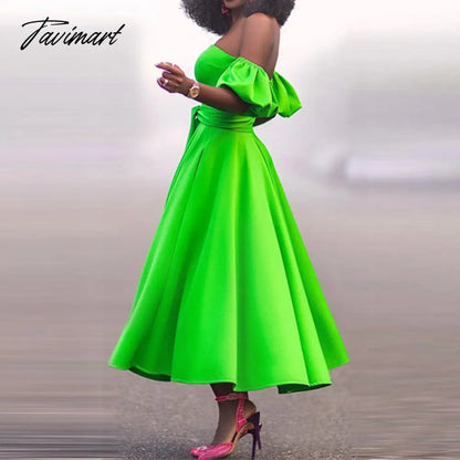 New European And American Women's Summer One Shoulder Solid Color Elegant Bubble Sleeve Strapless Belt Big Pendulum Dress
