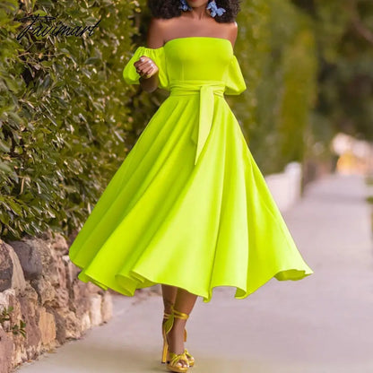 New European And American Women's Summer One Shoulder Solid Color Elegant Bubble Sleeve Strapless Belt Big Pendulum Dress