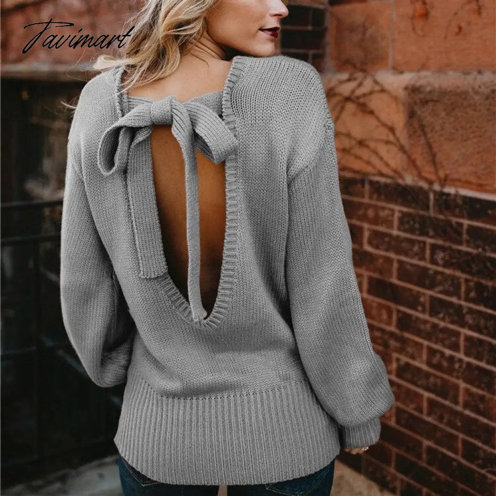 New European Winter clothes American foreign trade sweater female sexy bow tie laced sweater backless knitting frenulum