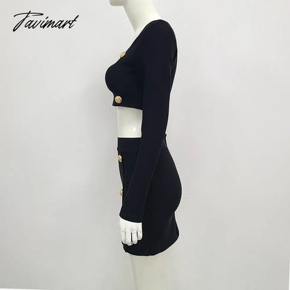New Fall Women's Sexy 2 Piece Set Square Neck Long Sleeve Button Black Mini Bandage Dress Women Casual Short Suit
