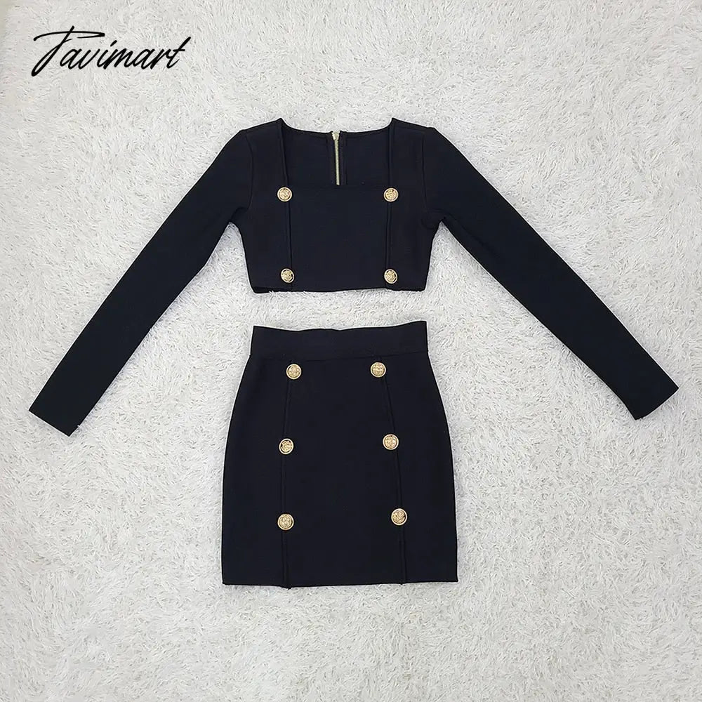 New Fall Women's Sexy 2 Piece Set Square Neck Long Sleeve Button Black Mini Bandage Dress Women Casual Short Suit