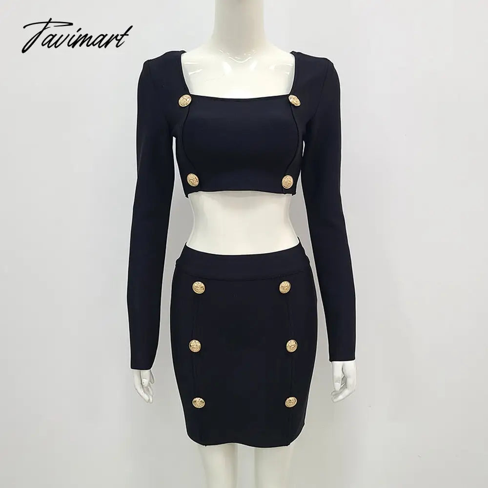 New Fall Women's Sexy 2 Piece Set Square Neck Long Sleeve Button Black Mini Bandage Dress Women Casual Short Suit