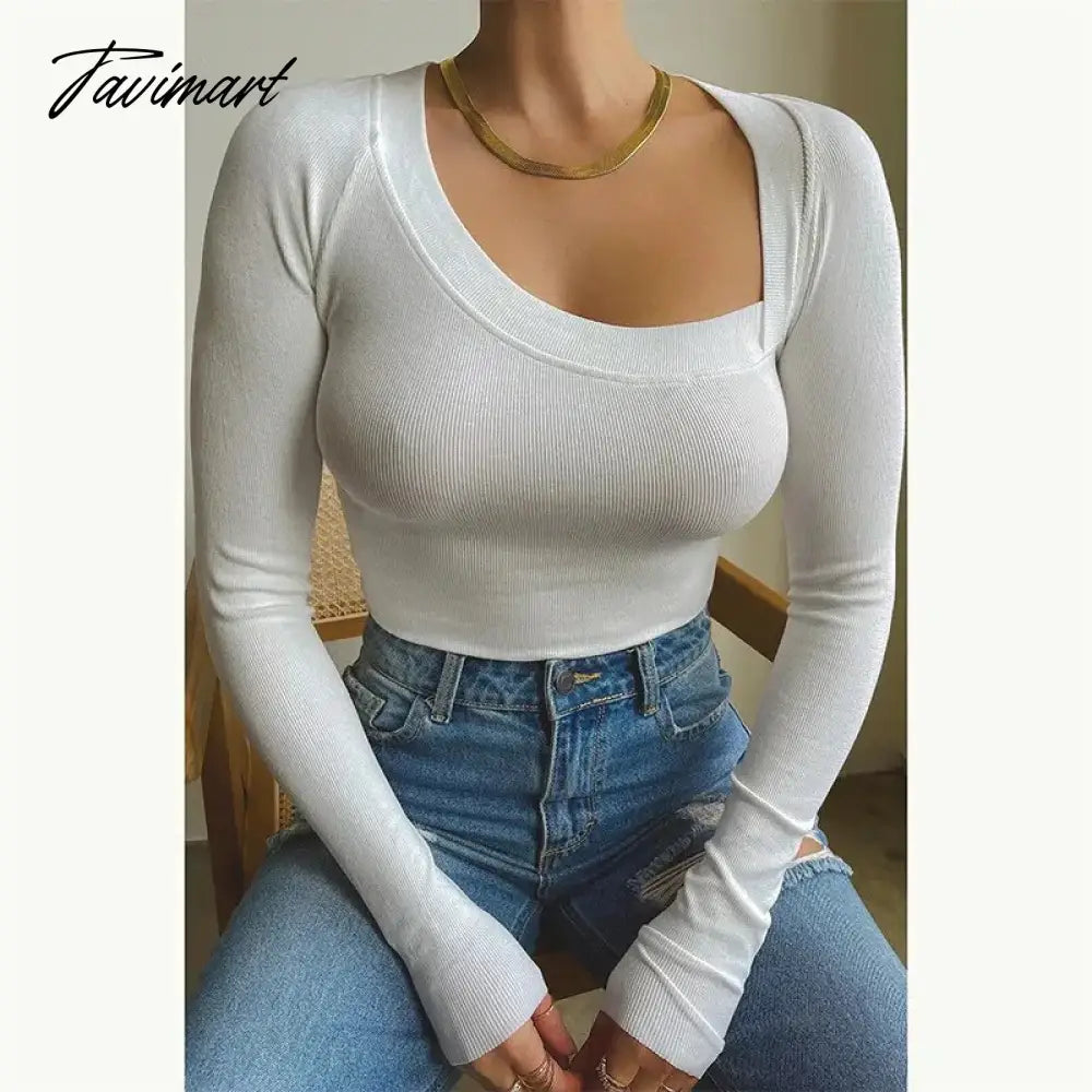 New Fashion-Asymmetric Long-Sleeved Women's T-shirt Collar Low-Cut Bottoming Tight Top Midriff-Baring Women's T-shirt Short