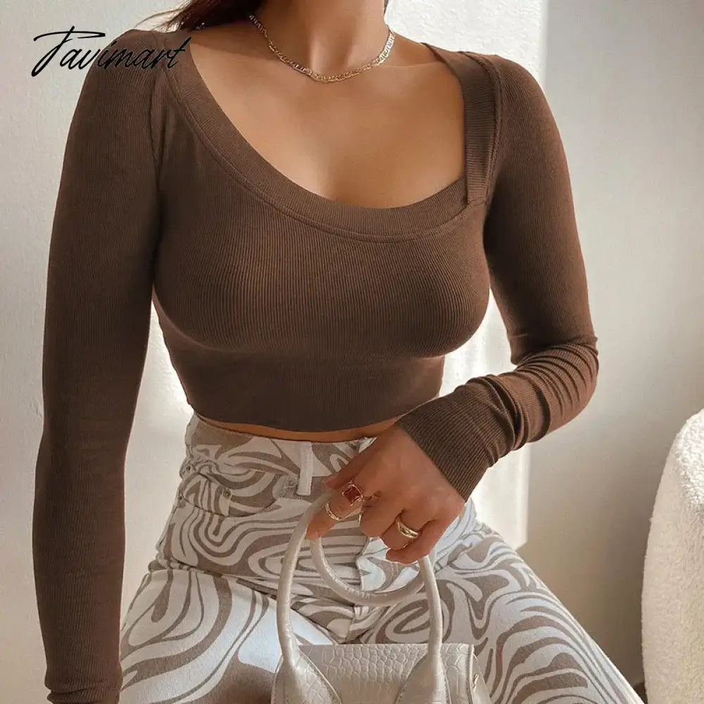 New Fashion-Asymmetric Long-Sleeved Women's T-shirt Collar Low-Cut Bottoming Tight Top Midriff-Baring Women's T-shirt Short