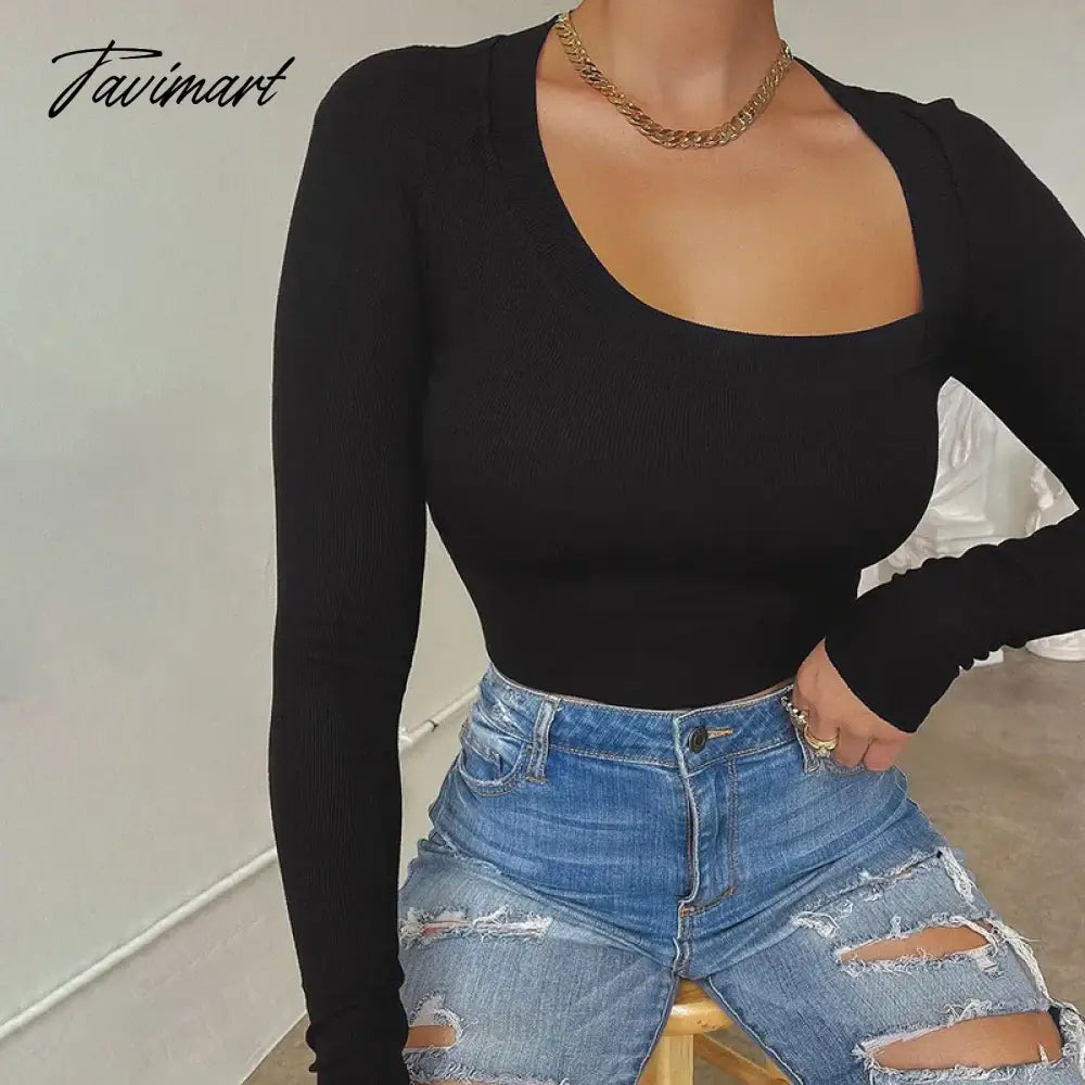 New Fashion-Asymmetric Long-Sleeved Women's T-shirt Collar Low-Cut Bottoming Tight Top Midriff-Baring Women's T-shirt Short
