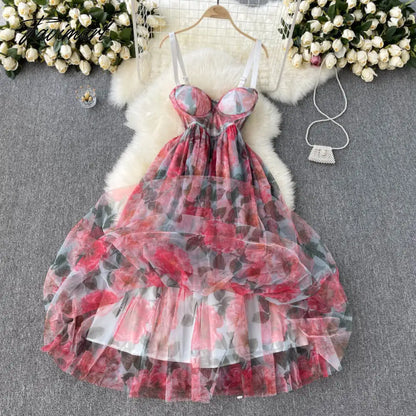 New Fashion Temperament Summer High-end Vacation Vestidos Women's V-neck Sexy Corset Midi Dress with Waist Strap GL080